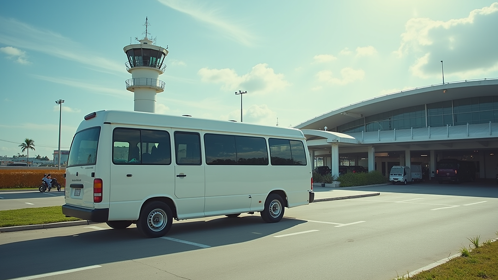Eye-level view of a white airport shuttle van parked outside Tagbilaran Airport
