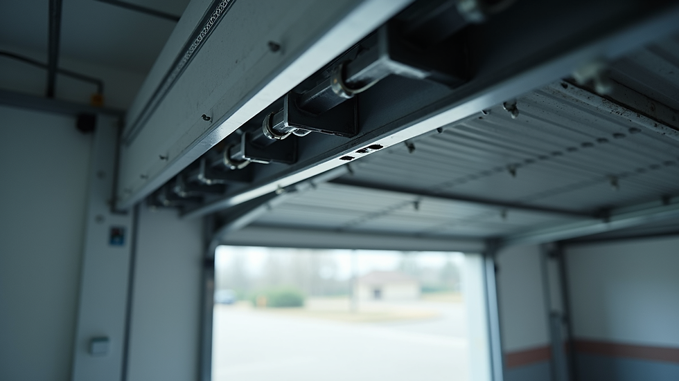 Close-up view of overhead garage door rollers on metal tracks
