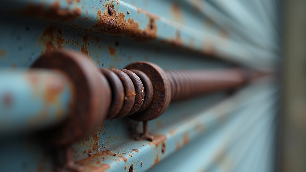Close-up view of a garage door spring showing wear and rust