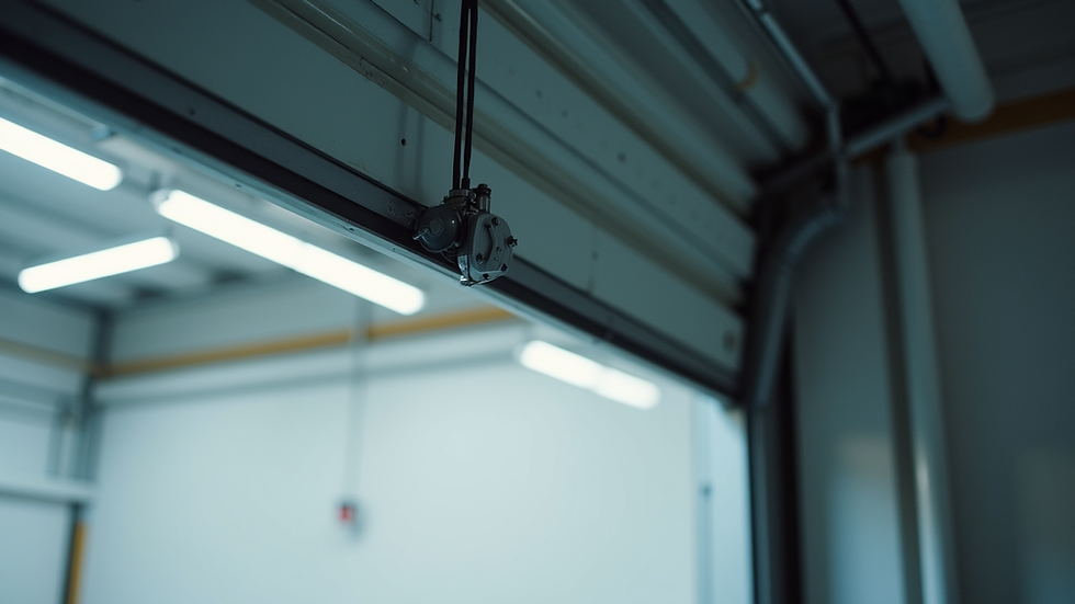 Close-up view of a commercial overhead door spring and cable system