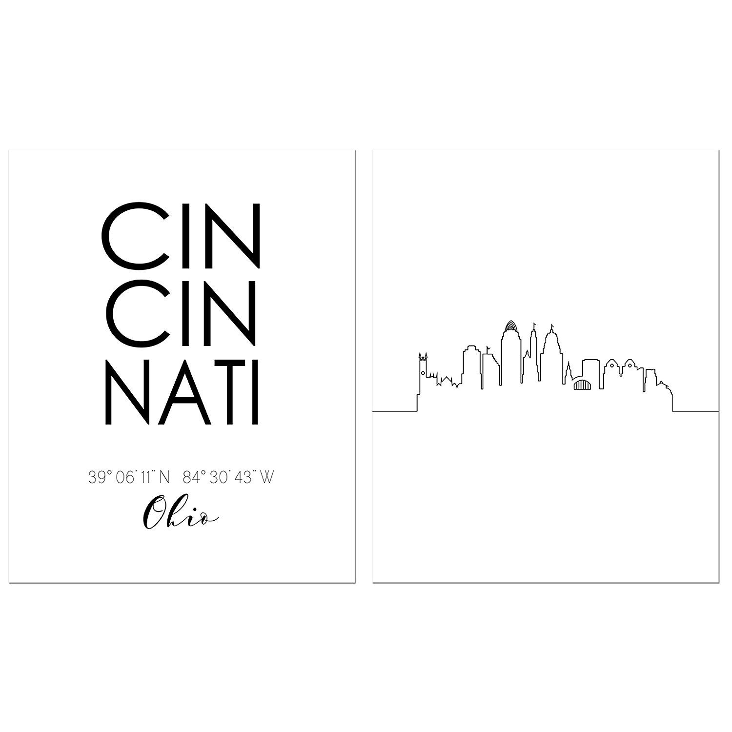Cincinnati Ohio Skyline Wall Art Prints Set of Two 8x10 Photos - City Minimalist