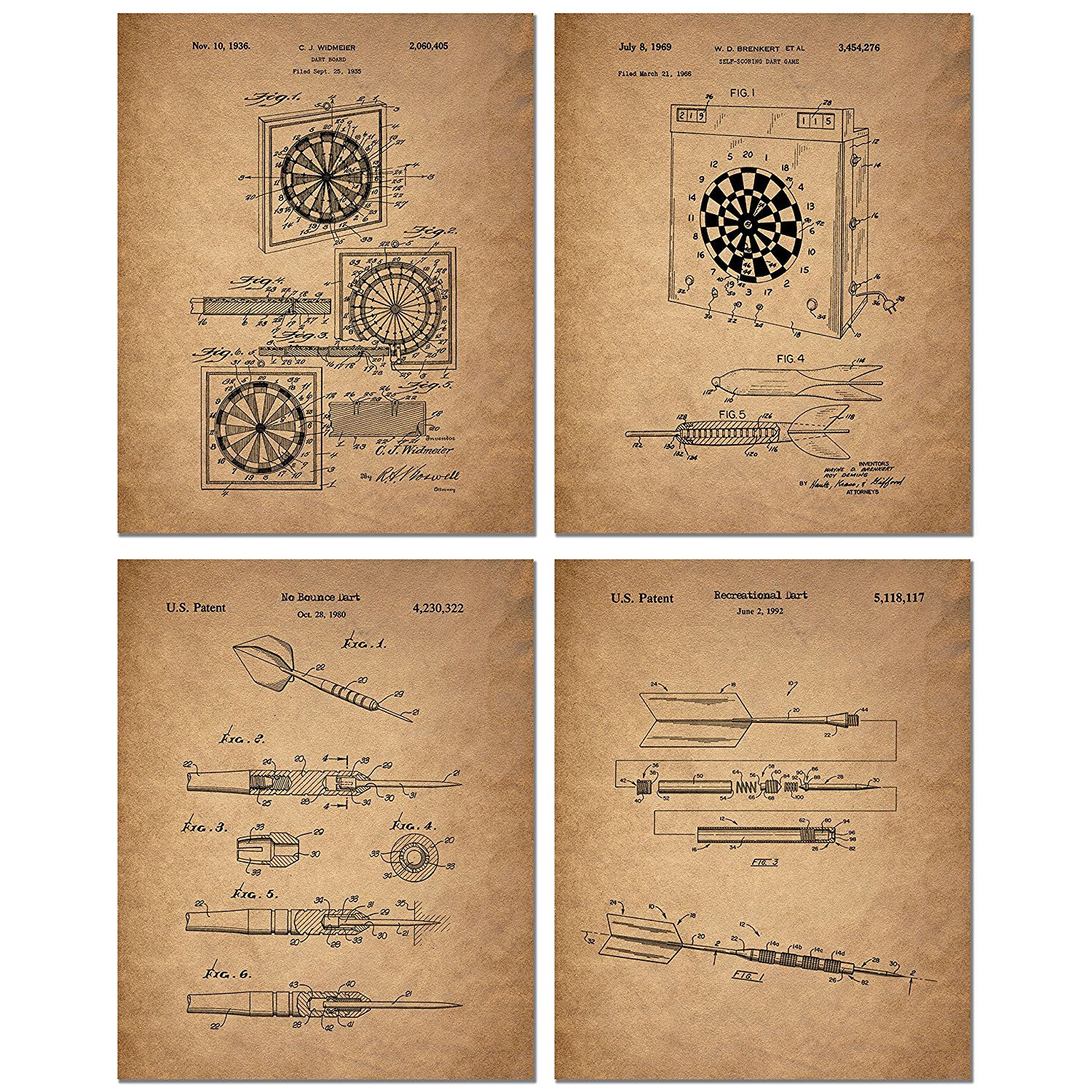 Darts Patent Art Prints - Set of Four 8 x 10 Photos - Vintage Decor