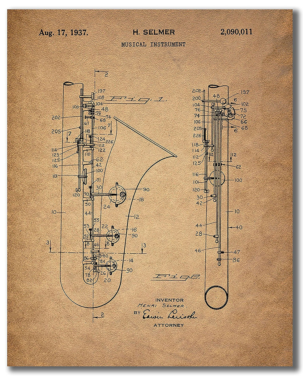 Thumbnail: Trombone Trumpet Clarinet French Horn Patent Prints - Set of Four Vintage Wall A