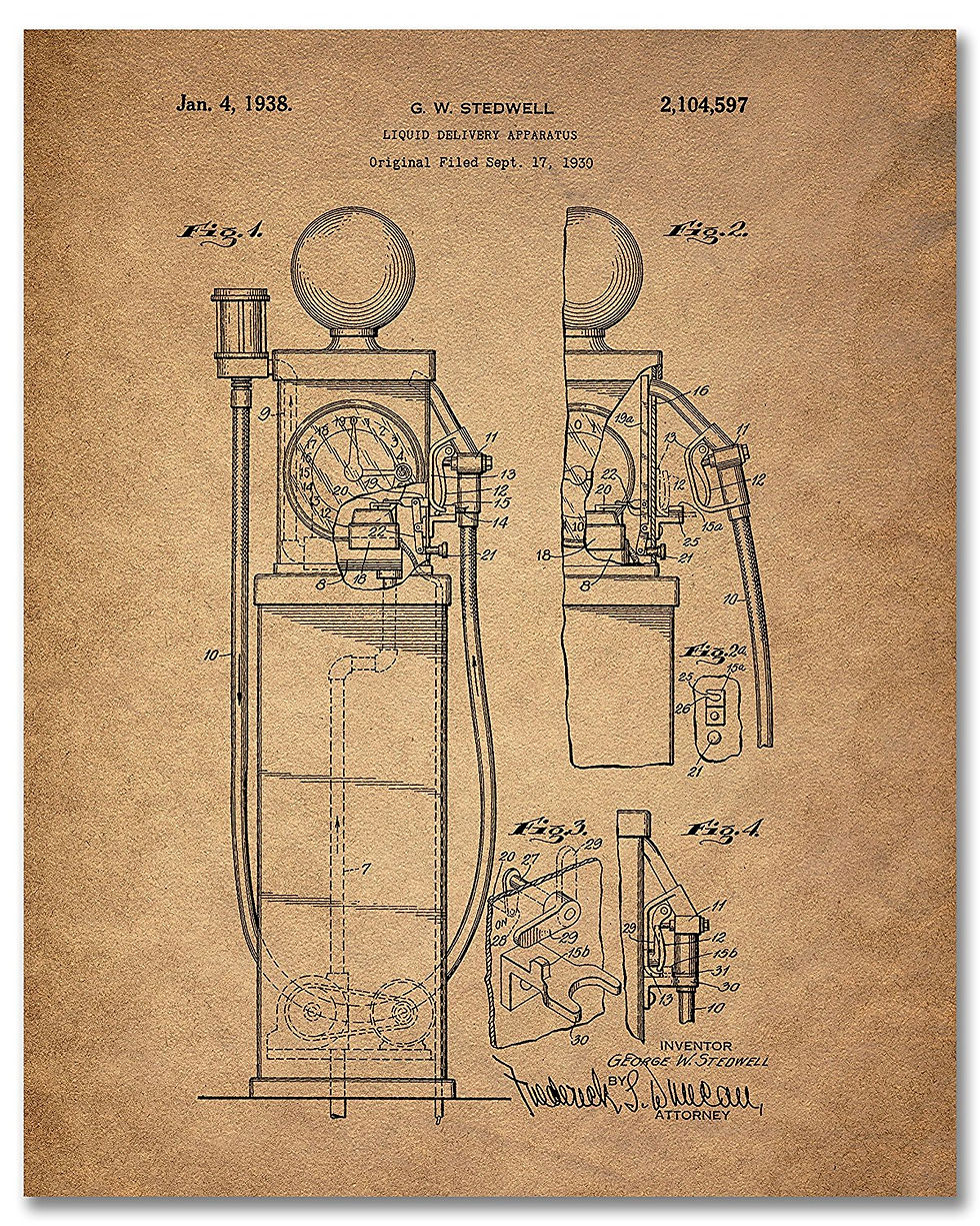 Thumbnail: Gas Pump Patent Prints - Set of Four 8 x 10 Photos Vintage Wall Decor