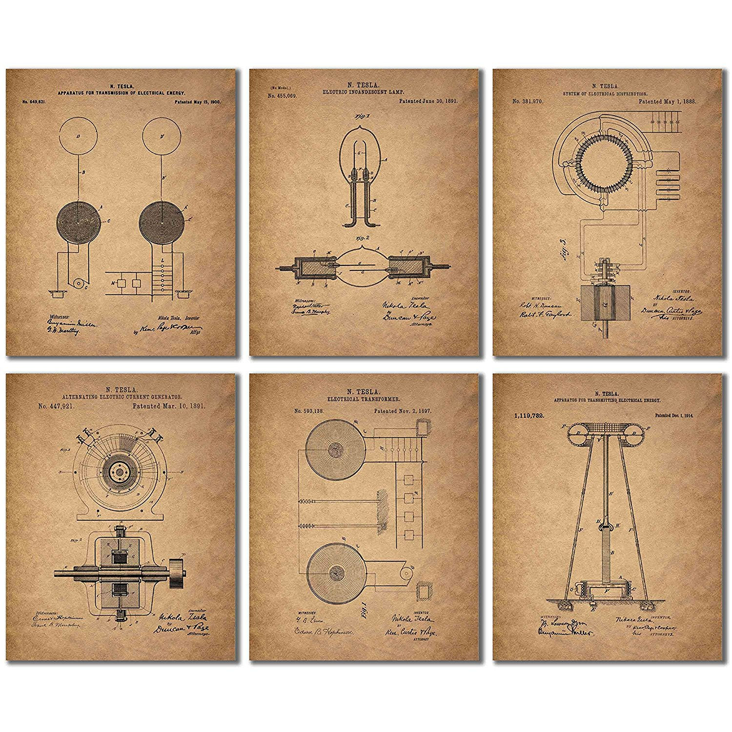 Tesla Patent Wall Art Prints - Set of Six Vintage 8x10 Photos