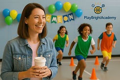 Smiling coach watches kids Game On PlayBrightAcademy sports