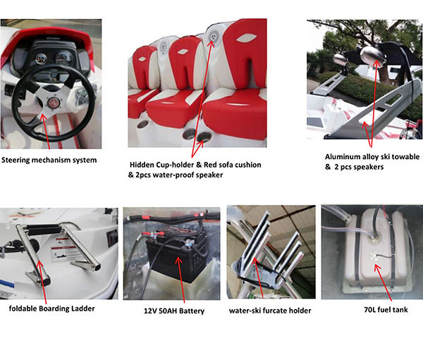A collage showing various boat features including seating, steering, speakers, ladder, battery, ski holders, and fuel tank.