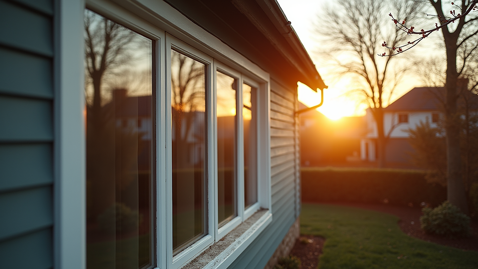 High angle view of a residential home with tinted windows reflecting sunlight