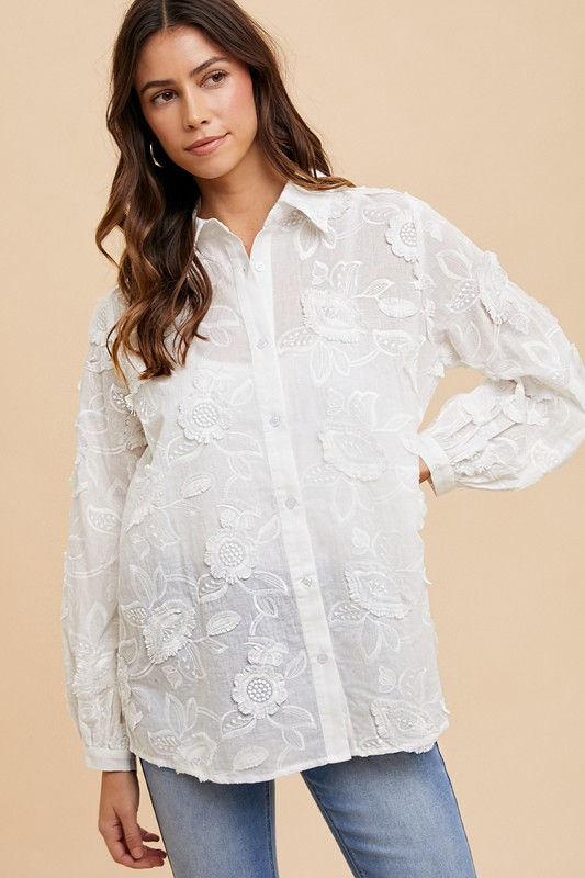 Thumbnail: Talia Floral Appliqué Oversized Button-down Shirt