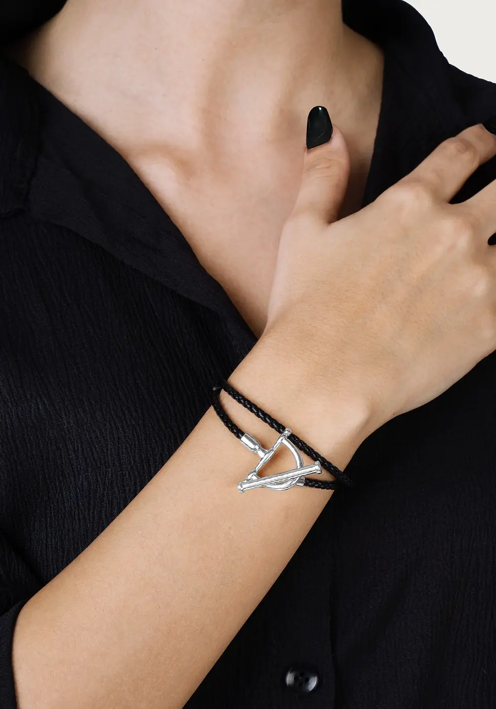 Thumbnail: Black Silver Leather Wrap Bracelet