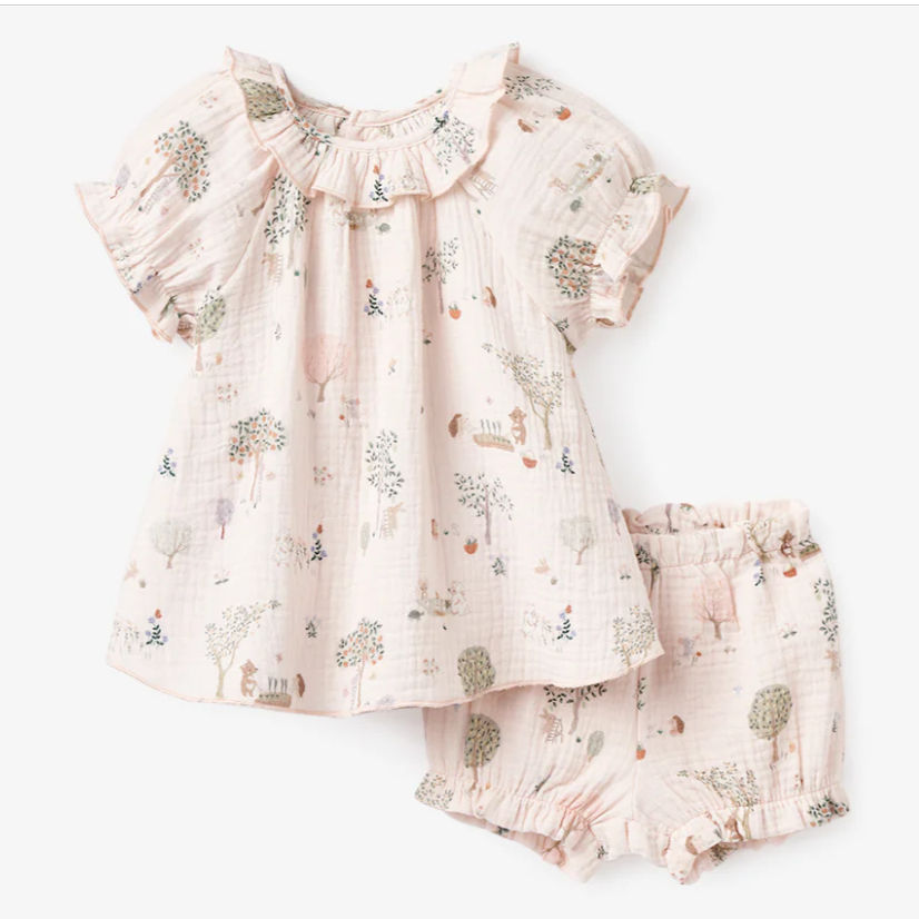 Garden Picnic Organic Muslin Ruffle Collar Top + Bloomer Set