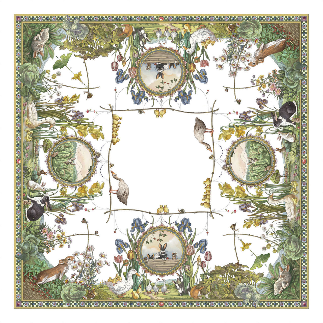 Bunny Garden 67x67 Square Italian Linen Tablecloth