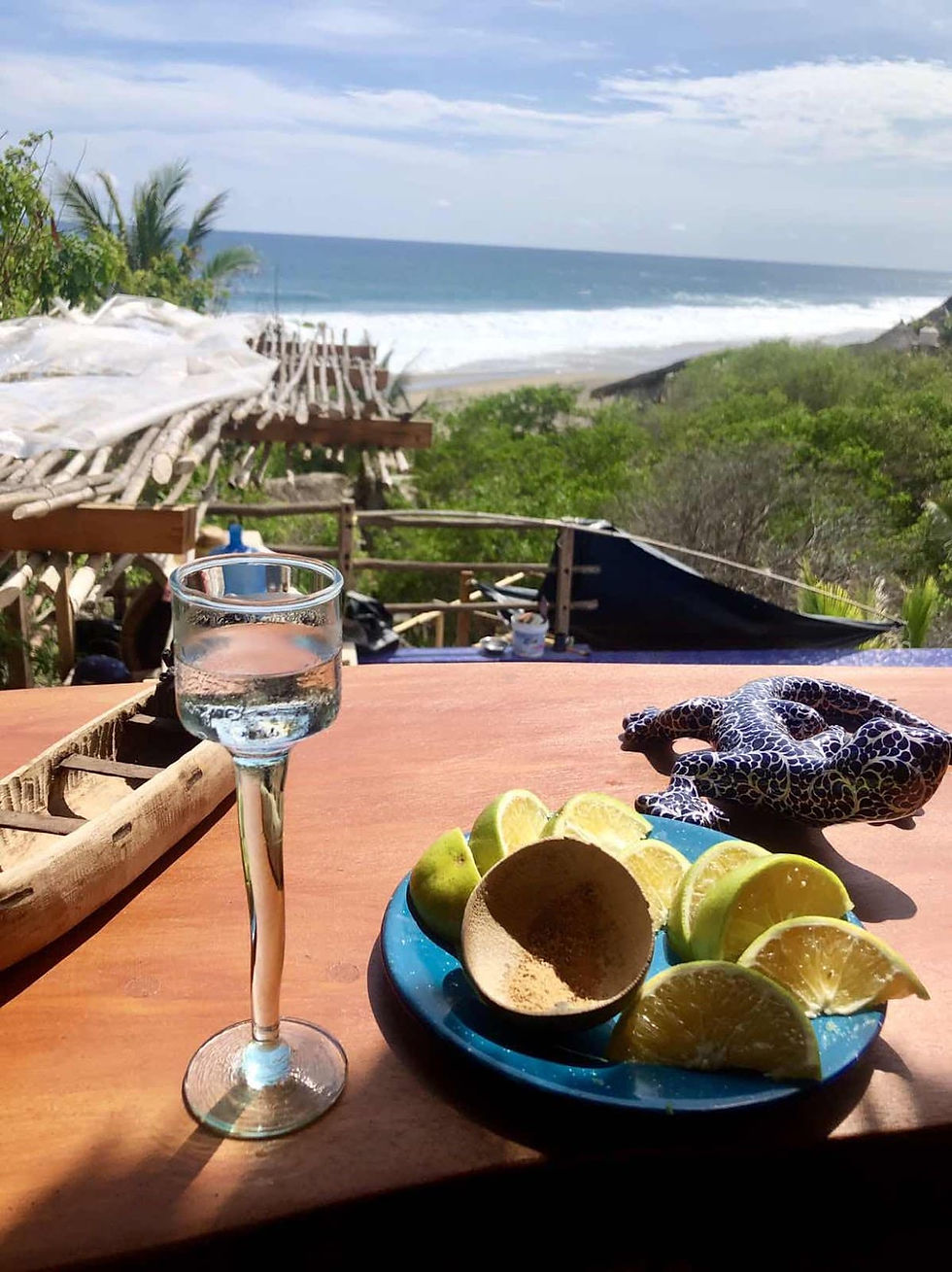 Mezcal, sůl z červů a pomeranč jako pozornost podniku na pláži Playa Mermejita.