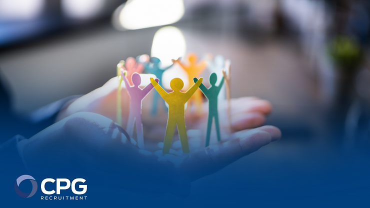 Hands hold colorful paper figures in a circle, symbolizing unity. Blurred background, logo text: "CPG Recruitment." Bright, hopeful mood.