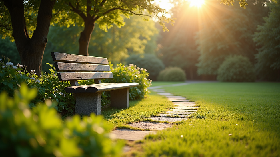 High angle view of a peaceful garden with a bench and soft sunlight