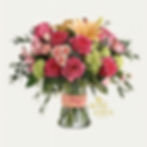 Vibrant pink roses, lilies, and hydrangeas in a glass vase, Rose And Silk Florist