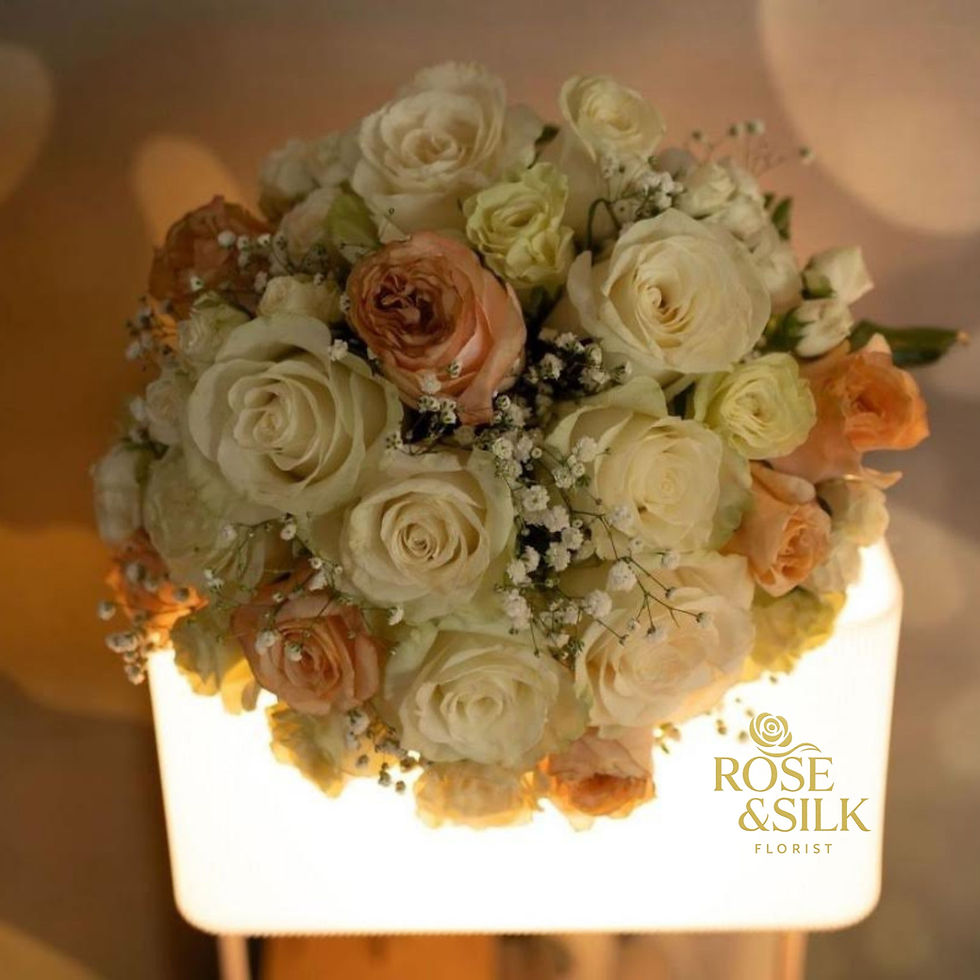 Elegant white and peach rose bouquet, Rose And Silk Florist