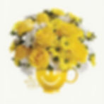 Cheerful yellow roses and daisies in smiley mug