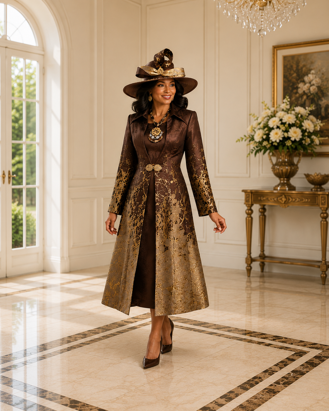Brown Gold Jacquard Coat Dress