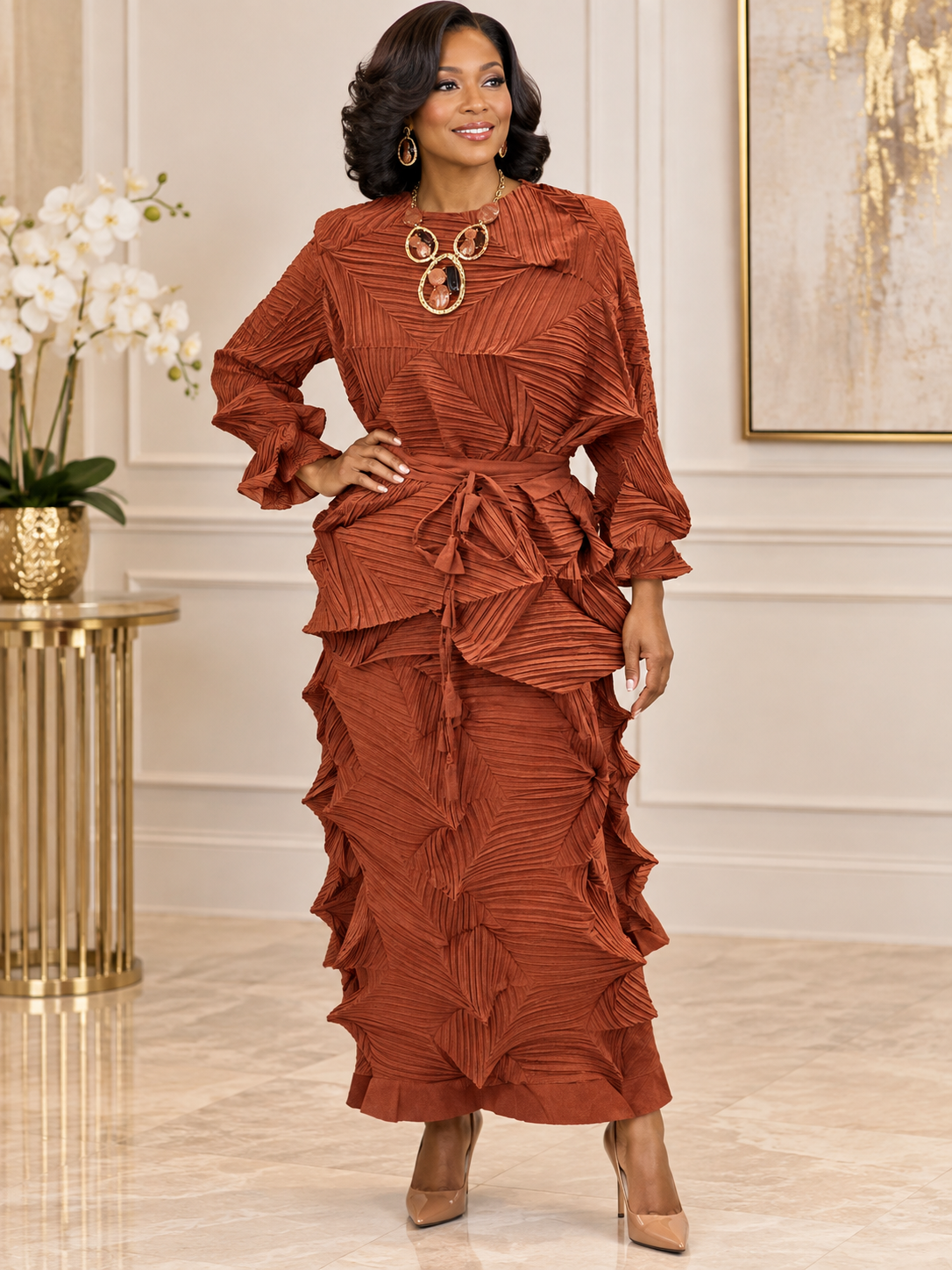 Clay (Copper) Elegance Pleated Dress