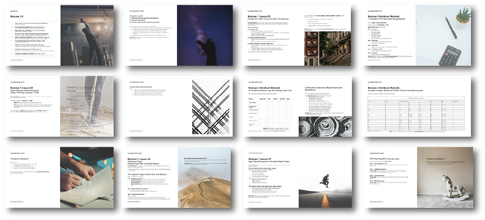 Grid of twelve presentation slides showcasing sample pages of the Tong Dong Architects' NYC Calm Renovation Clarity Course.