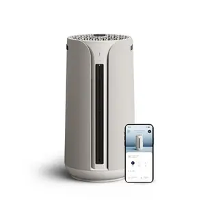 Blueair smart air purifier in white, shown with connected mobile app for real-time air quality monitoring and control.