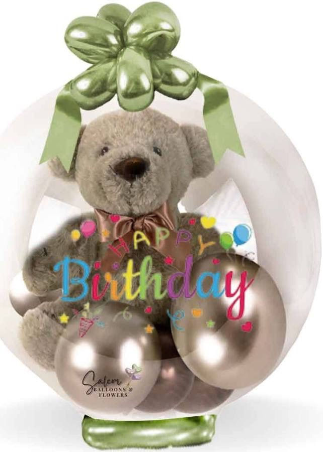 Stuffed balloon with teddy bear, balloons, and 'Happy Birthday'