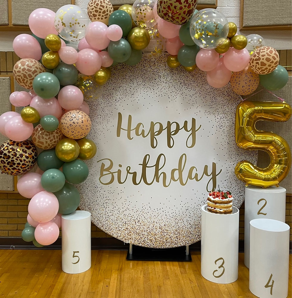 Birthday photo backdrop with 'Happy Birthday' sign and balloon arch