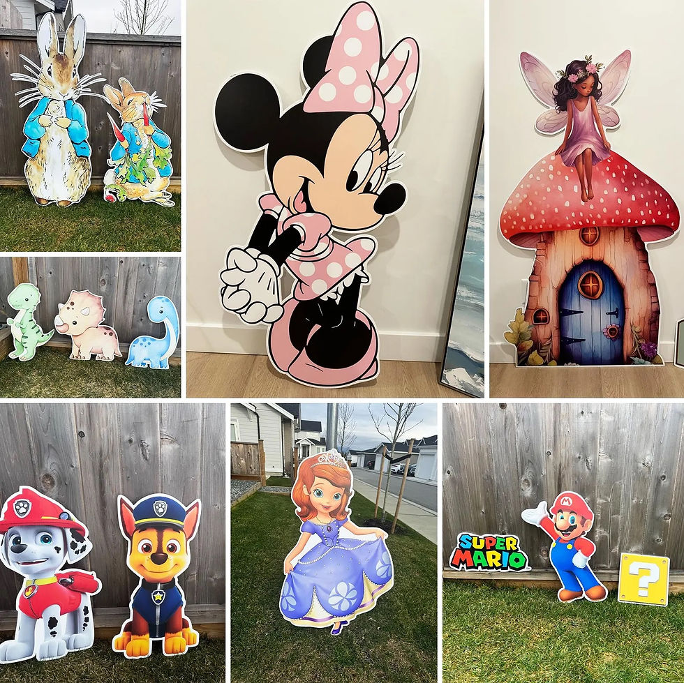 Bibbidi pop creation cutouts: Minnie Mouse, Mario, Paw Patrol, dinosaurs