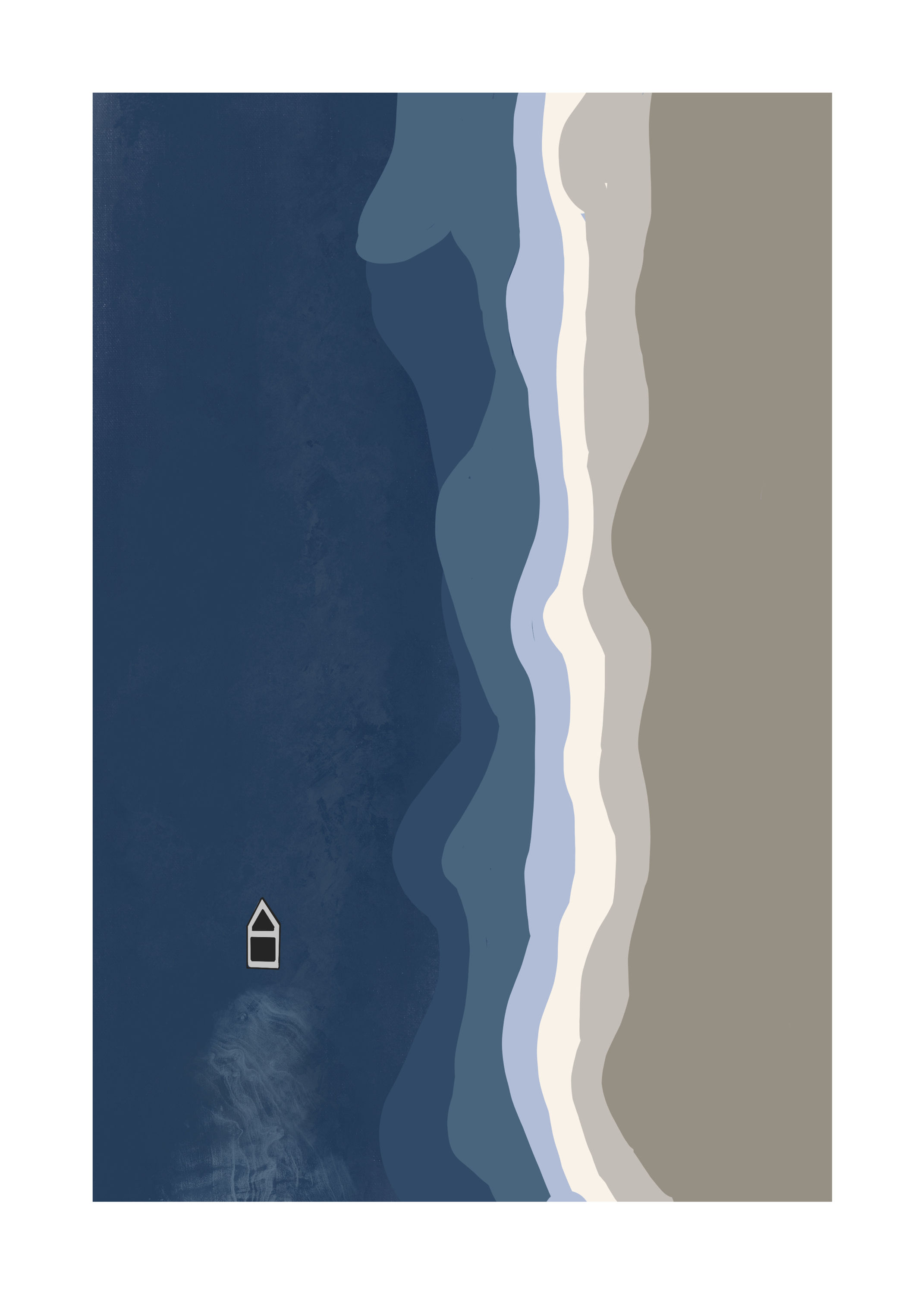 En båt seiler på bølgene nær stranden med en abstrakt bakgrunn.