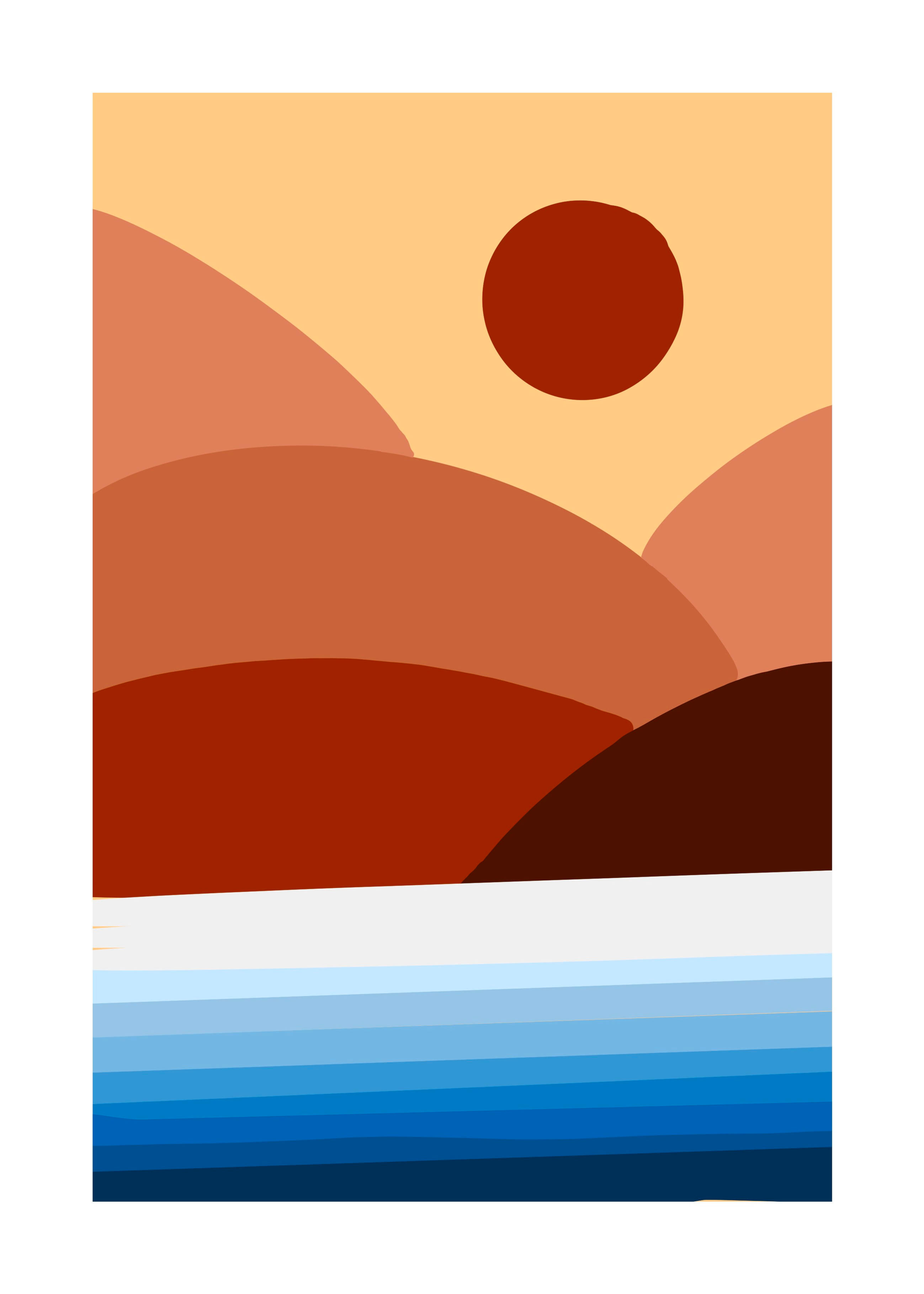 Abstrakt landskap med sol og fjell i varme farger, over et blått hav