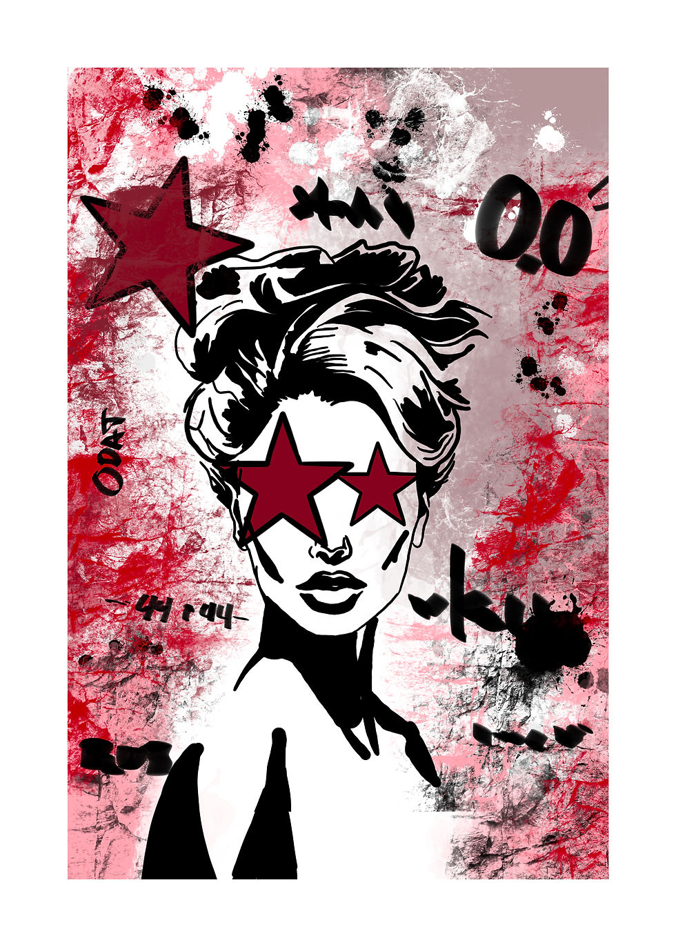 Kvinne med stjerner for øyne, graffiti, rød og svart bakgrunn. 0.0, OK.