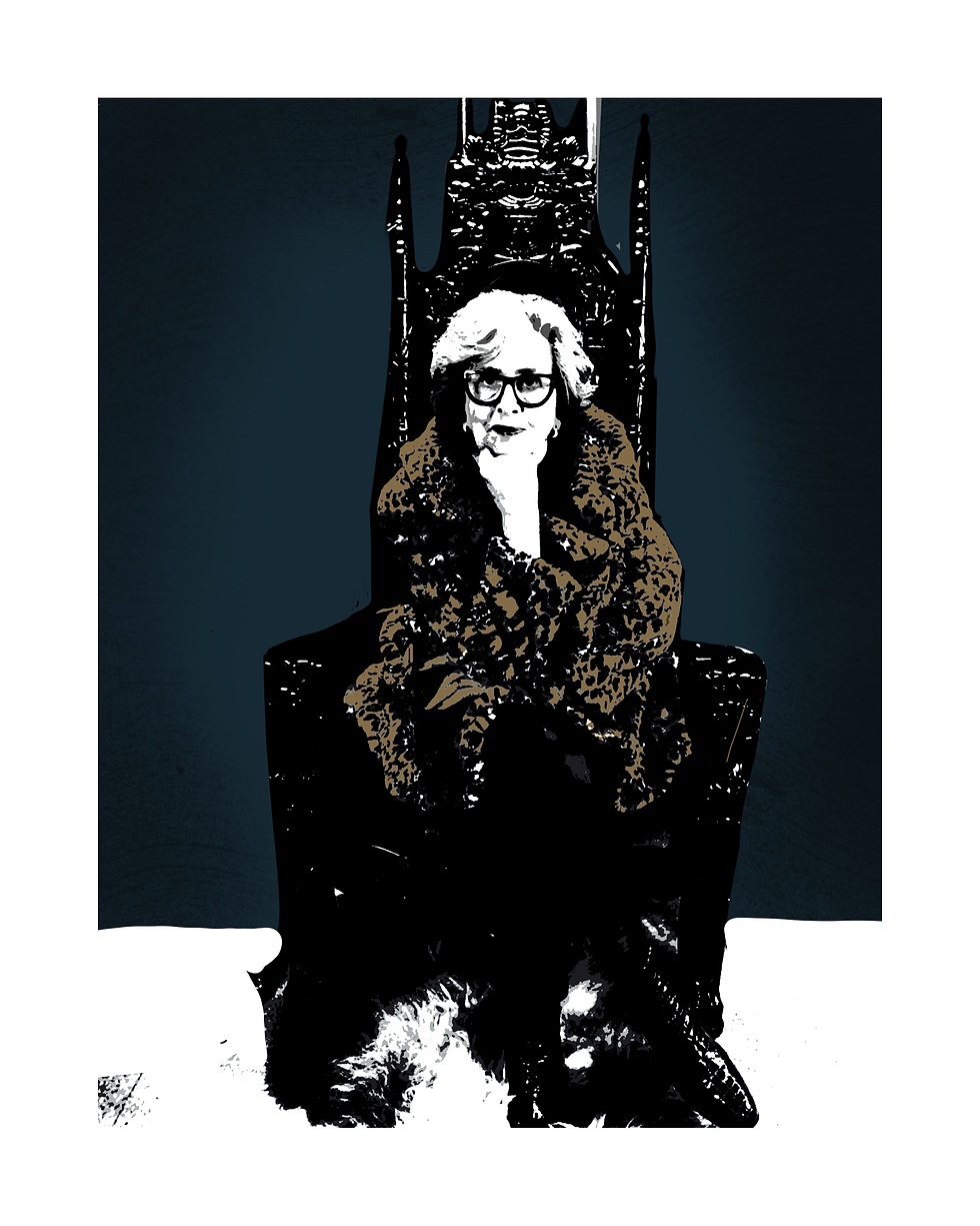 Mann i frakk sitter på tronen. Frihets kaffe’n (grå) Bakgrunn med mørk farge.