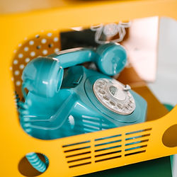 Retro Blue Audio Guestbook Event Rental with yellow tv stand display