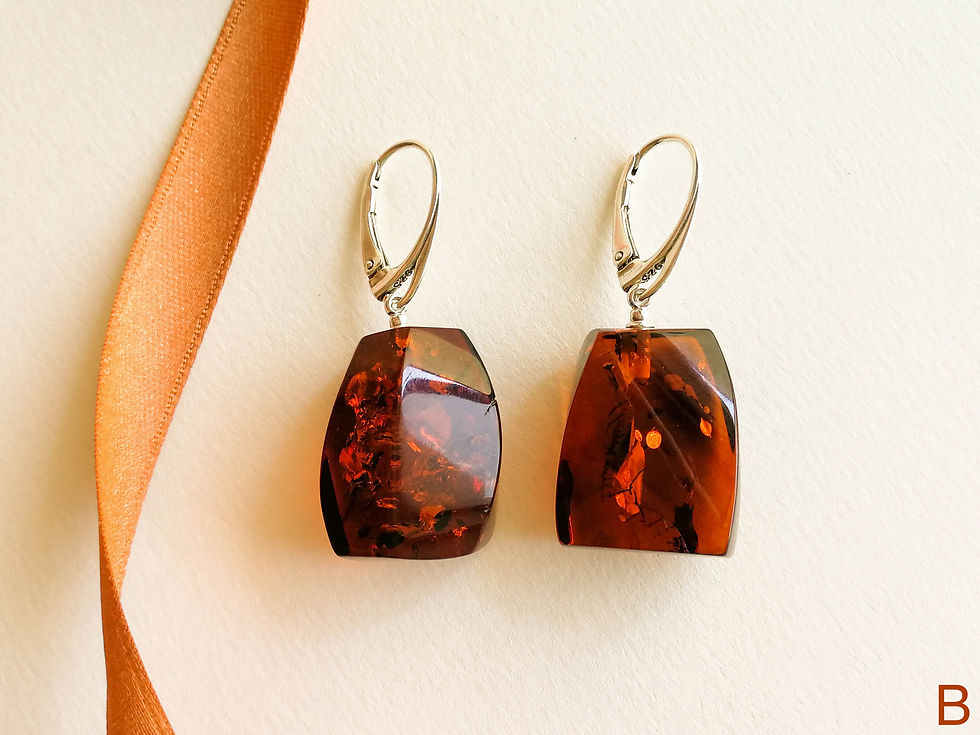 Thumbnail: Dark cherry color shiny rectangle shape natural amber earrings