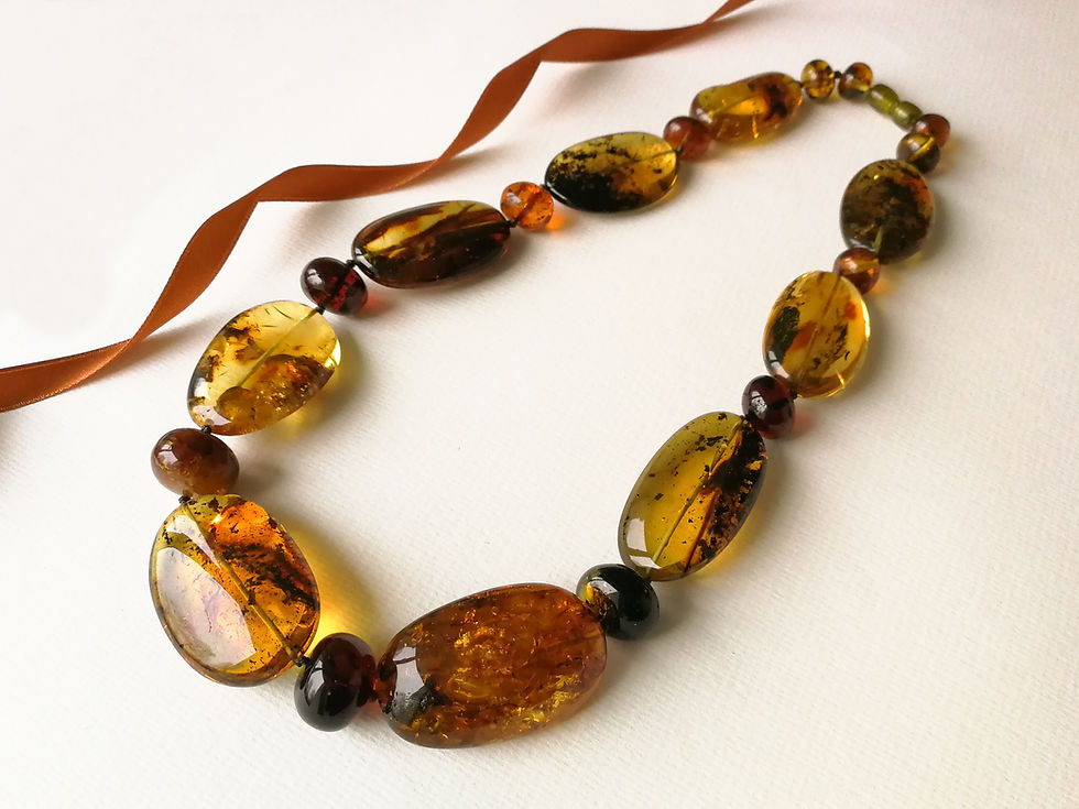 Thumbnail: Large and tall oval shape dark green color amber necklace