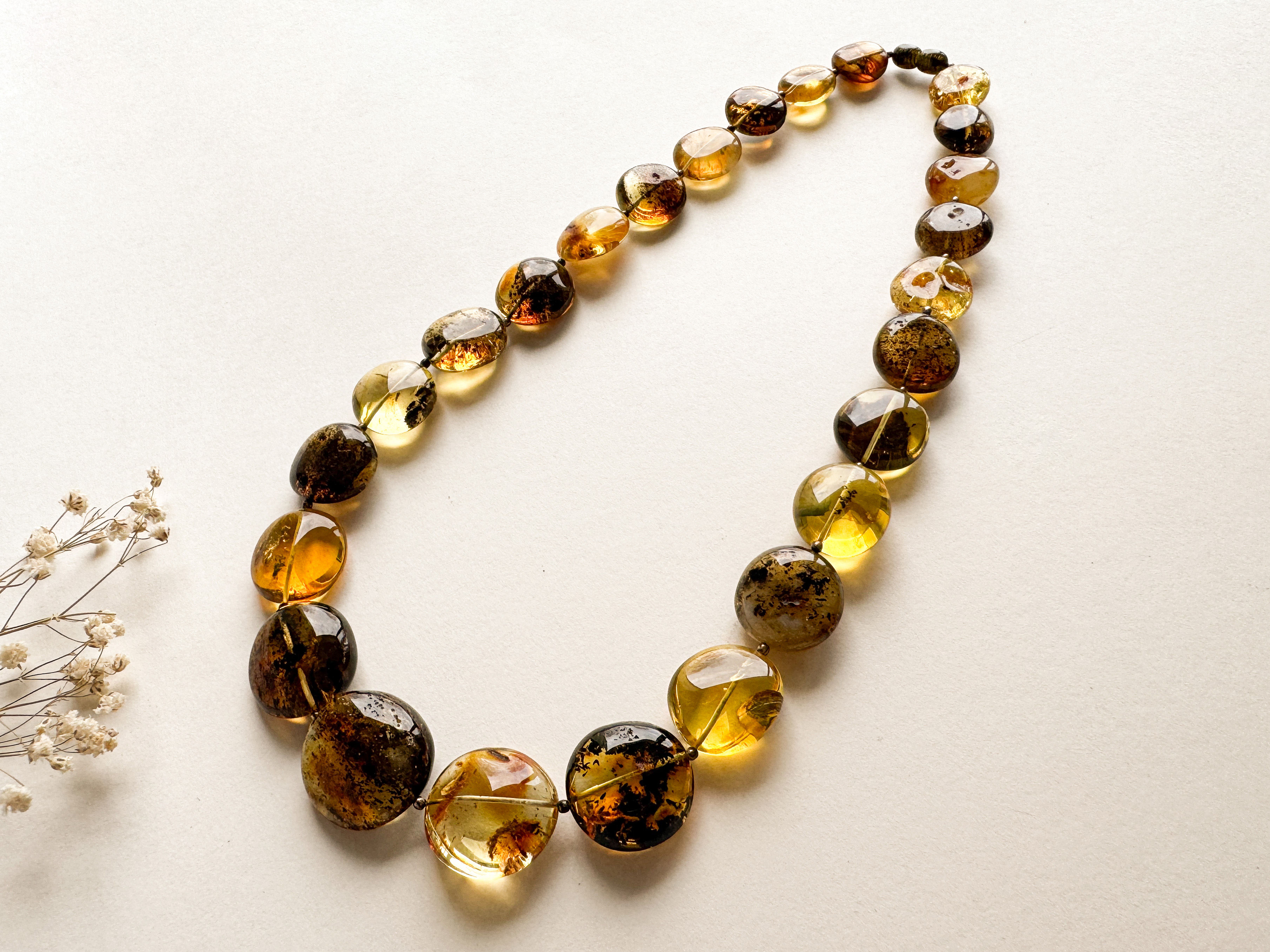 Dark Green Coin-Shaped Amber Necklace with Sterling Silver