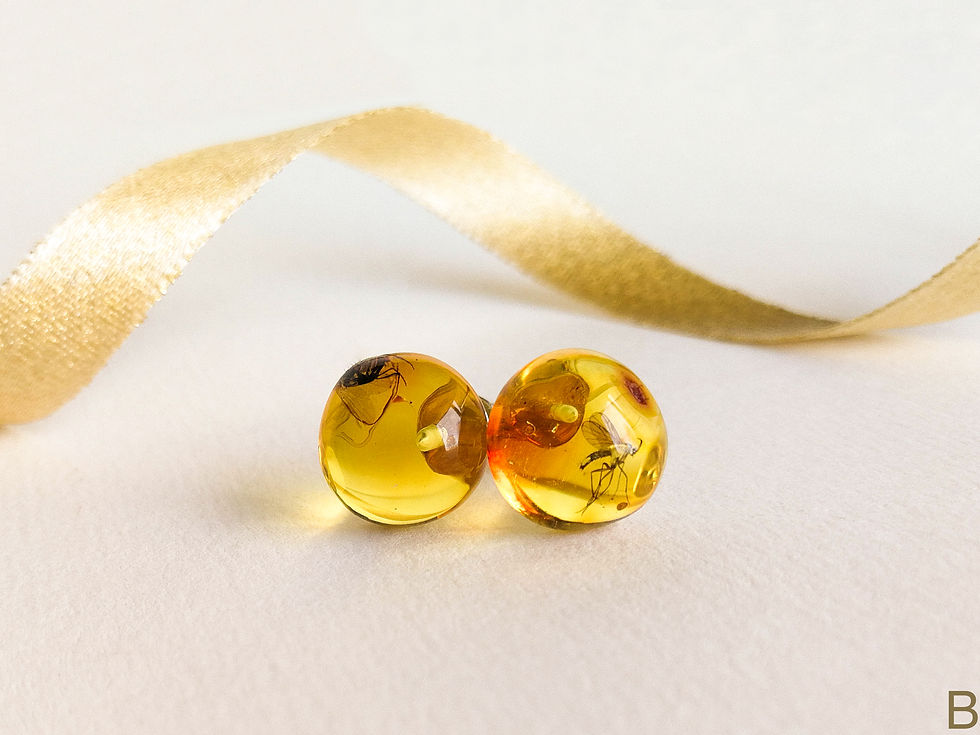Thumbnail: Small oval/round shape lemon color amber earrings with wow insects