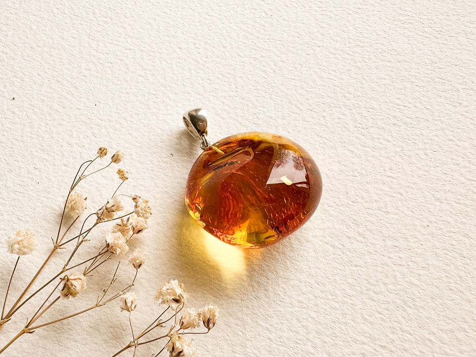 Thumbnail: Oval shape genuine amber pendant with insect in cognac color