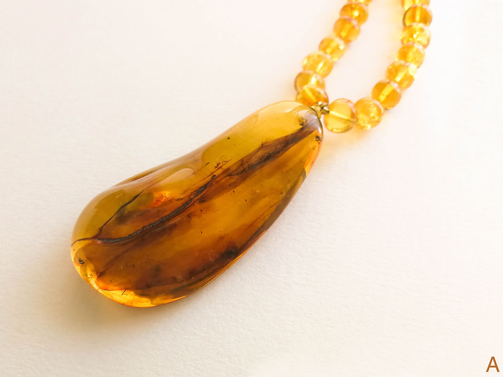 Thumbnail: Natural amber rainbow style necklace with cognac color pendant with insects