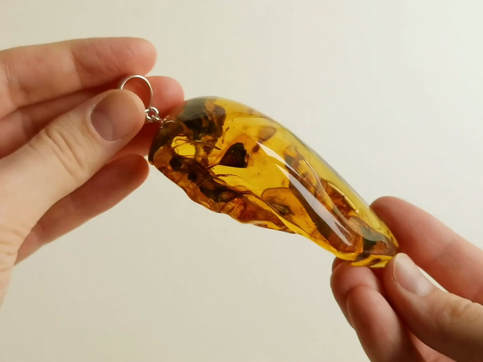 Thumbnail: Large natural amber unique rectangle insects pendant in dark cognac color