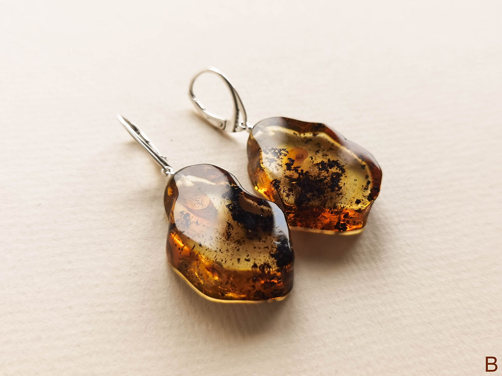 Thumbnail: Original drop shape green color amber earrings cut from one stone