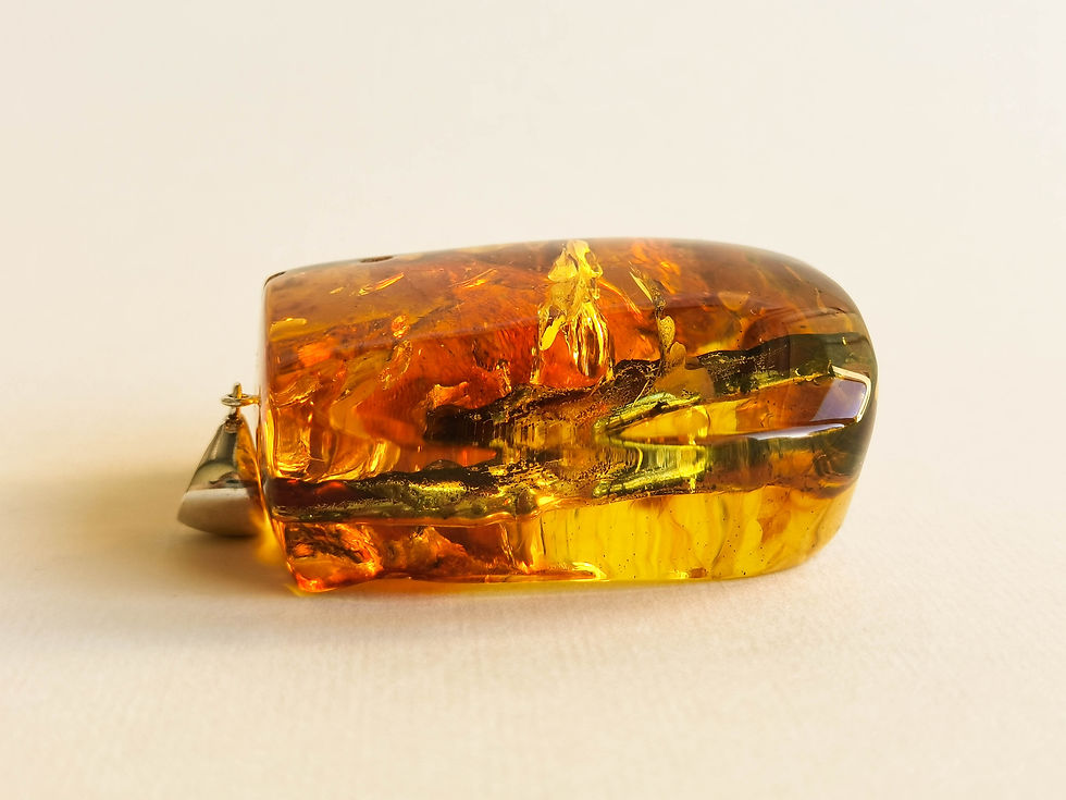 Thumbnail: Massive rectangle shape natural amber cognac pendant with insect