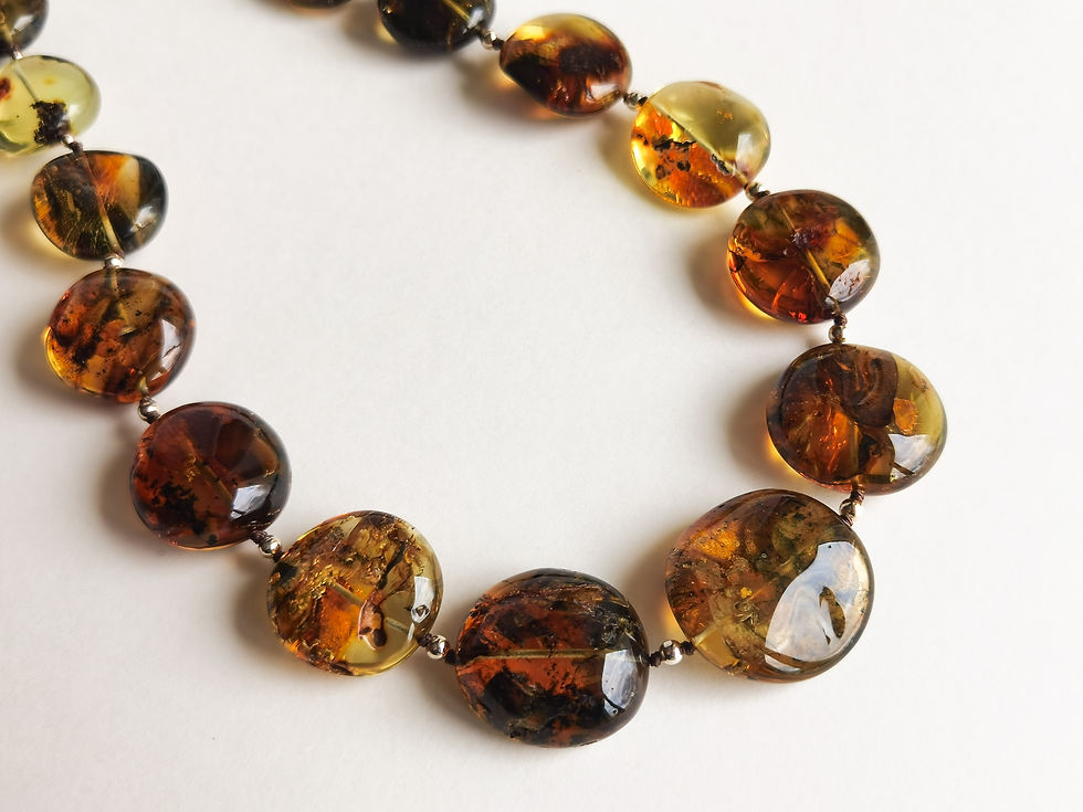 Thumbnail: Dark green and black colors natural amber round beads necklace