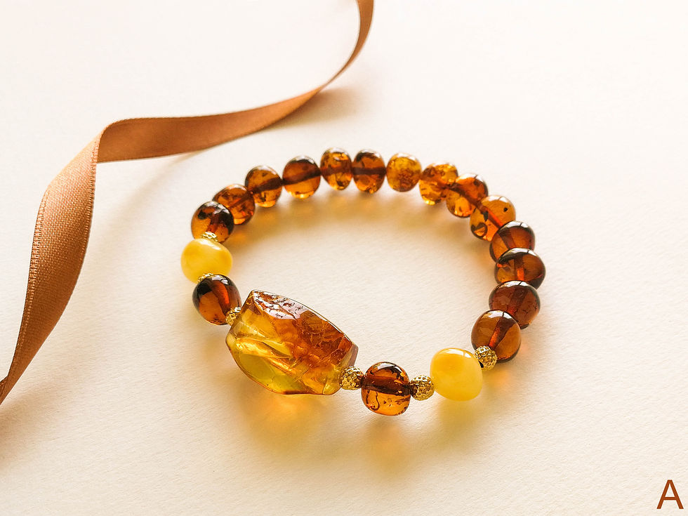 Thumbnail: Large shiny cognac color amber bead elastic bracelet