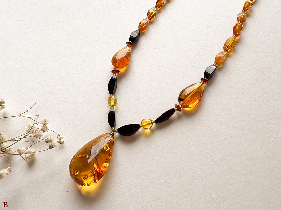 Thumbnail: Cherry color natural amber necklace with a cognac drop pendant