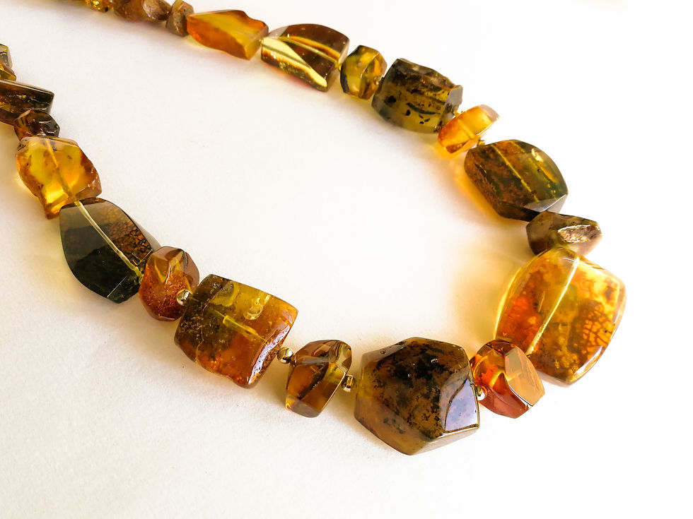 Thumbnail: Dark cognac and green colors natural amber designer necklace