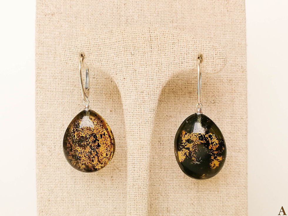 Thumbnail: Drop shape dark green color elegant amber earrings