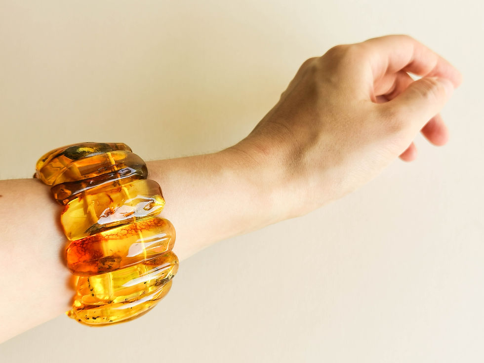 Thumbnail: Large Baltic amber cognac color cuff bracelet with insects