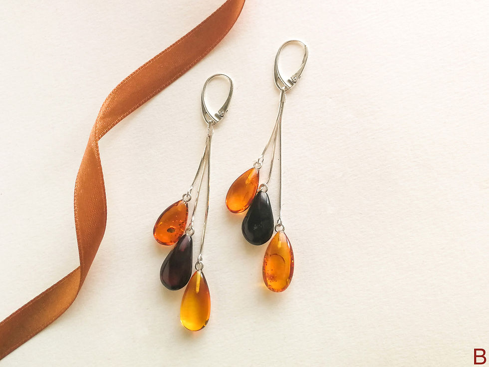 Thumbnail: Cognac and cherry colors natural amber drop earrings with silver